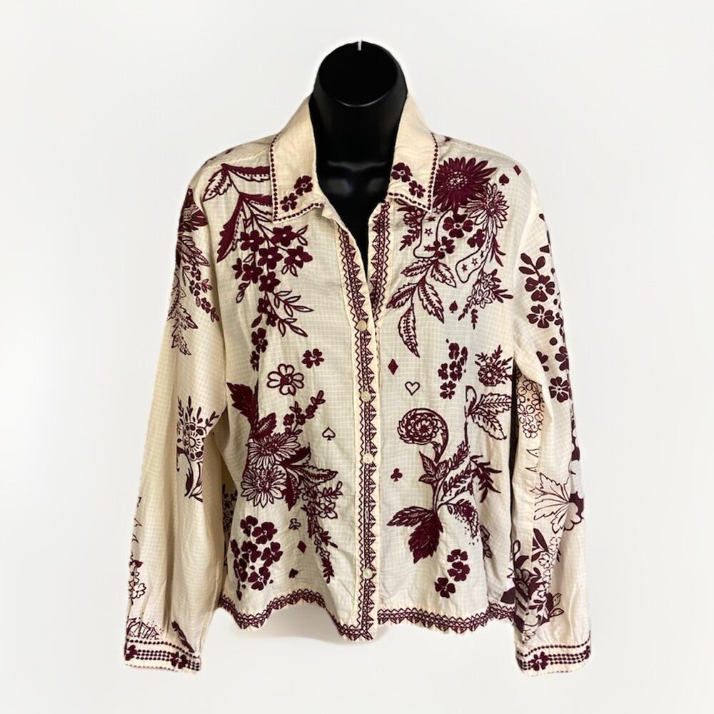 Johnny Was NWT Embroidered Floral Blouse Button Up Collar Medium